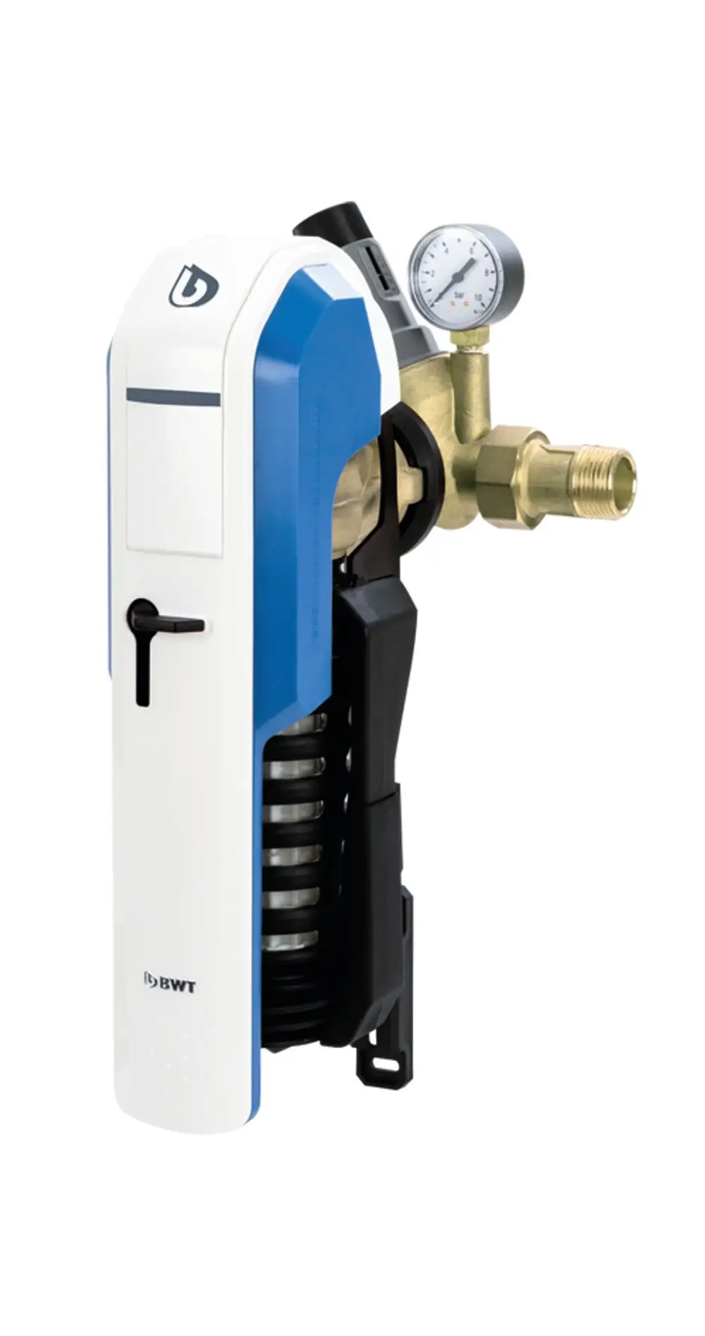 Wasserfilter von BWT mit einem blauen und weißen Gehäuse, Druckmanometer und Kupferanschluss. Kompakte Bauweise für den Einsatz in Wasserversorgungssystemen.